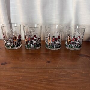 Luminarc Winter Snowy Village Christmas Rocks Glasses‎ Set 4 VTG